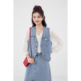 【严选】诗凡黎v领甜酷流行牛仔马夹2024夏新款纯棉漂亮马甲显瘦牛仔半裙SF5110411