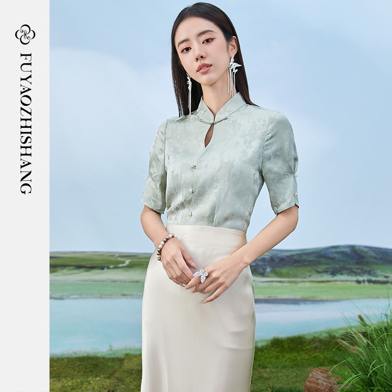 IWY/扶摇系列 绿色夏季新中式国风盘扣衬衫半裙FYB362+FYS353