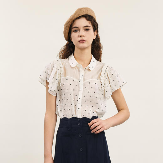 谜底衬衫短袖女2024夏季新品复古文艺风提花荷叶边衬衣242MC0670 商品图0