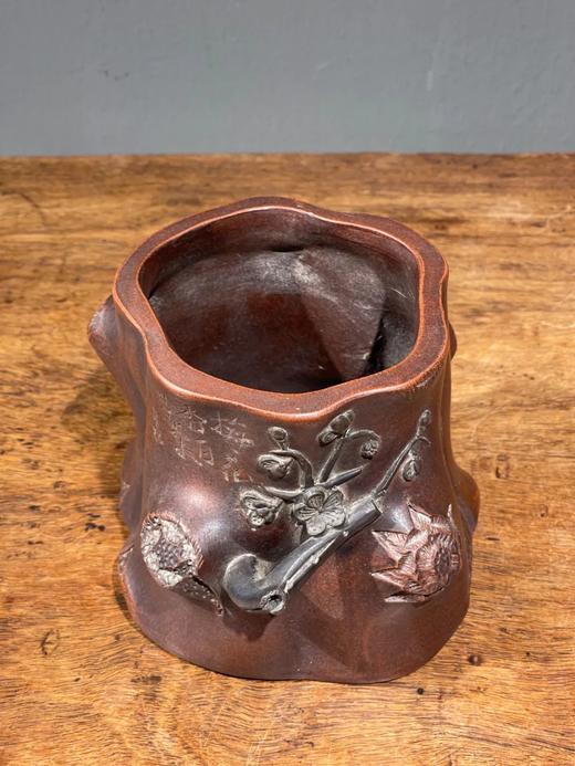 紫砂刻梅花树桩形笔筒，顺丰包邮 商品图1