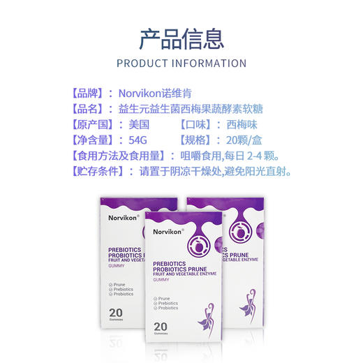 【买5送4 肠道清道夫】NORVIKEN西梅益生菌软糖 美国加州西梅 600亿CFU/盒活性益生菌 不含蔗糖 0脂肪0负担 20颗/盒 商品图3