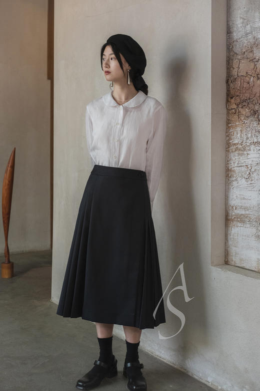 Margaret Howell  墨蓝色羊毛百褶苏格兰半裙 商品图0