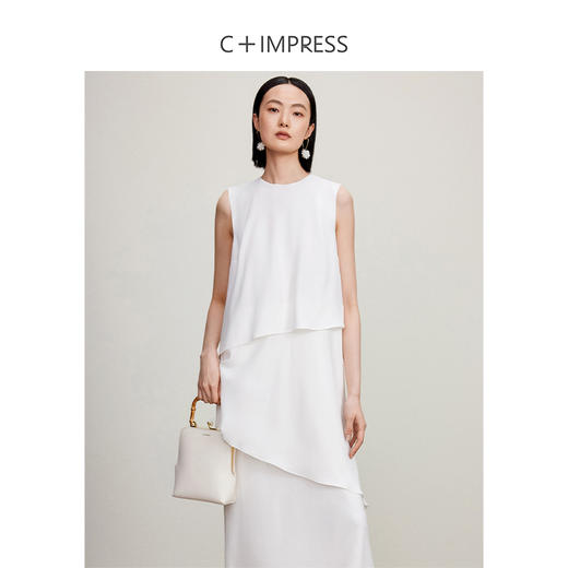 西嘉【现货】C+IMPRESS/西嘉白色醋酸无袖连衣裙女盘扣新中式静奢风涟漪水波裙LYQ2401098 商品图1