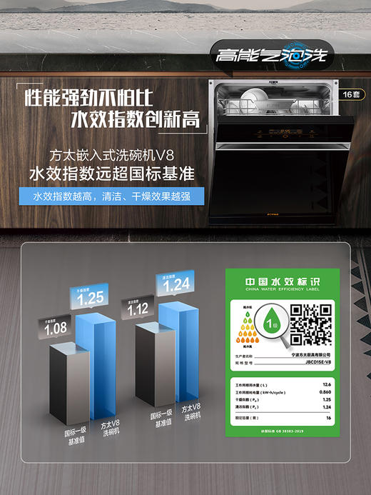 方太V8嵌入式洗碗机16套墅级大容量 高能气泡洗 可洗锅 清洁指数1.25洗消烘除存一体 99%除菌率 官方正品 商品图2