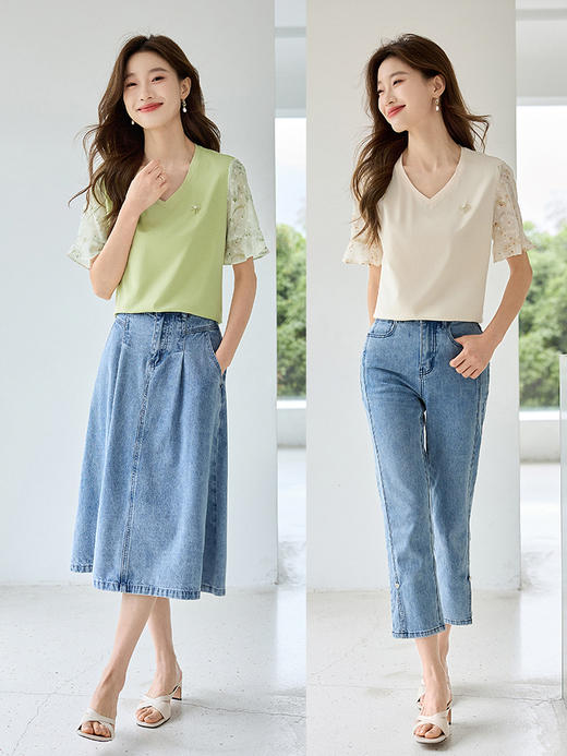 【专属特价】熙世界2025夏季新款雪纺印花荷叶袖V领T恤宽松遮肉洋气小衫上衣 商品图5