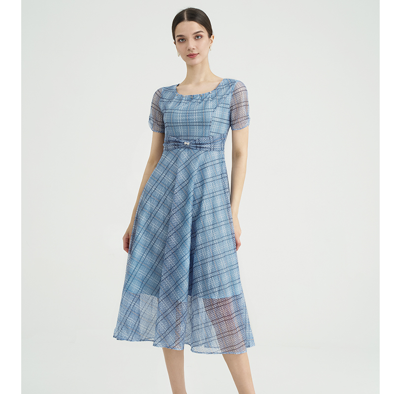 司歌网纱方格连衣裙短袖弹力显瘦A891349X