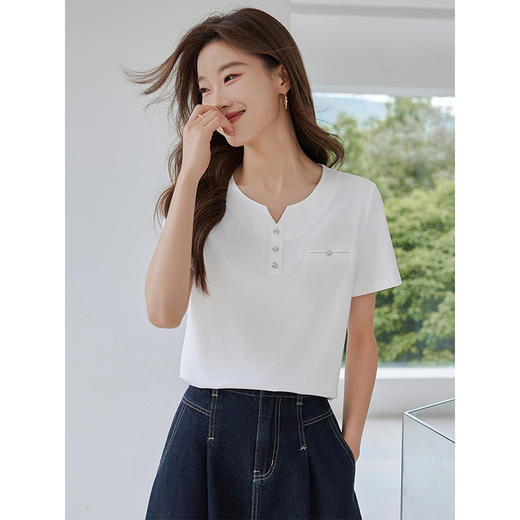 【专属特价】熙世界长绒棉粉色上衣夏天2025新款简约纯色百搭休闲短袖T恤衫 商品图6