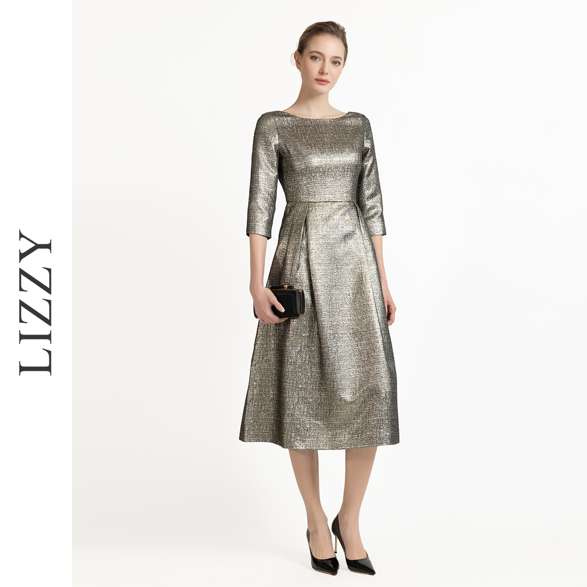 LIZZY优雅高端气质名媛风轻奢收腰大摆宴会晚礼服连衣裙8066