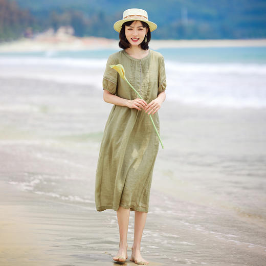 YMC032 2024夏季新款纯苎麻旅行文艺连衣裙花边灯笼短袖宽松怀旧复古袍子 商品图1