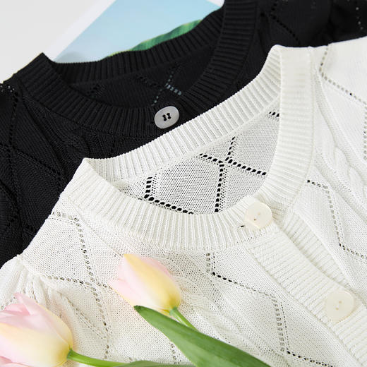 逸阳莱赛尔镂空泡泡袖针织开衫女2024夏新款轻薄透气短袖上衣3851 商品图3