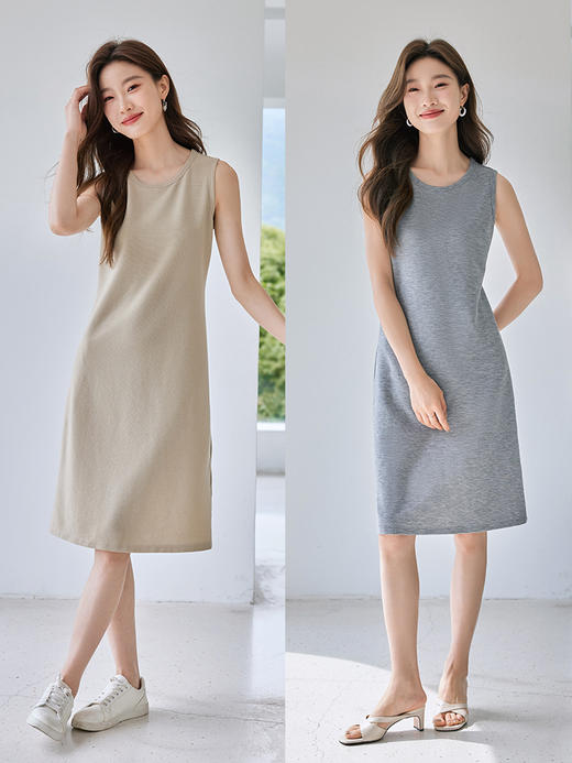 【专属特价】熙世界2025夏季外穿无袖背心连衣裙气质简约纯色中长款针织裙子 商品图3