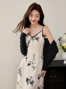 【专属特价】熙世界国风禅意水墨印花雪纺吊带连衣裙夏季新中式气质V领长裙