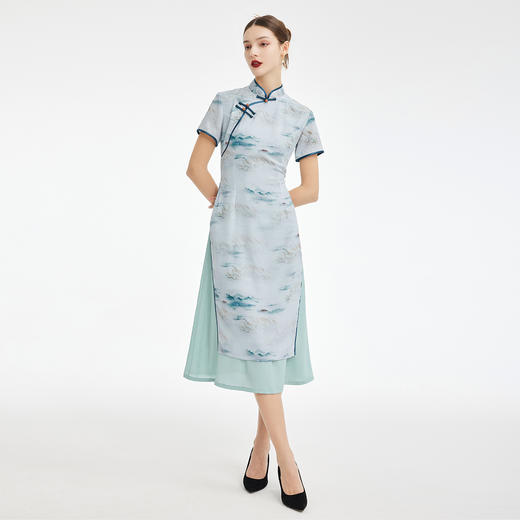 PF847斯尔丽2024新款新国风改良版奥黛旗袍式水墨画气质高雅连衣裙 商品图3