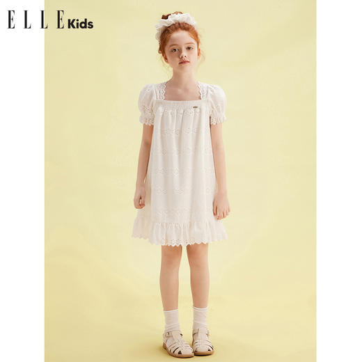 ELLEkids童装 法式度假刺绣棉布泡泡袖连衣裙 商品图1