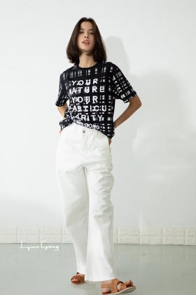 高腰斜门襟牛仔裤