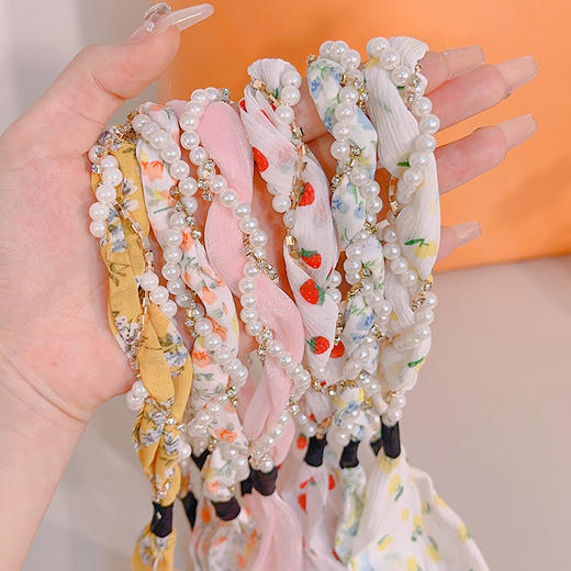 韩版ins风碎花发带珍珠水钻缠绕编发发箍蝴蝶结水果编发丝带发带 商品图1