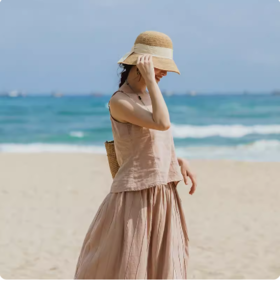 绽放/301朵 套装吊带旅行女装高端砂洗亚麻度假旅游穿搭