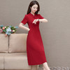 QYM-4345简约修身红色洋气连衣裙夏款V领短袖通勤时尚显瘦A字裙 商品缩略图2