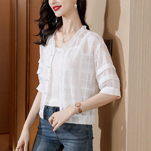 SMZ16836 2024夏季新款薄款休闲白色半袖短款雪纺衬衫别致上衣短袖防晒开衫 商品图1