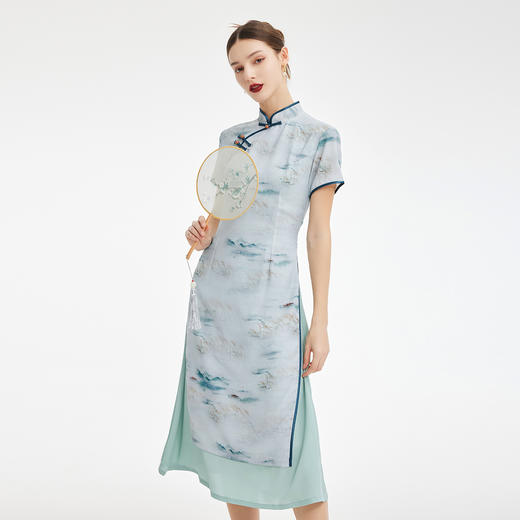 PF847斯尔丽2024新款新国风改良版奥黛旗袍式水墨画气质高雅连衣裙 商品图2