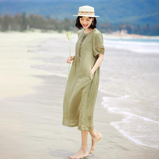 YMC032 2024夏季新款纯苎麻旅行文艺连衣裙花边灯笼短袖宽松怀旧复古袍子 商品图3