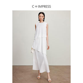 西嘉【现货】C+IMPRESS/西嘉白色醋酸无袖连衣裙女盘扣新中式静奢风涟漪水波裙LYQ2401098