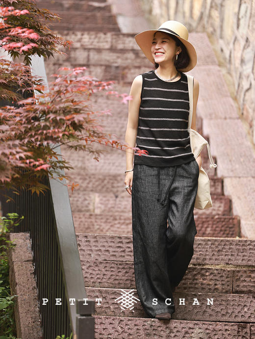 PETIT SCHAN小闪 CLO#497 black humor 黑色幽默 四季款土耳其进口棉麻牛仔文艺抽绳直筒裤 商品图1