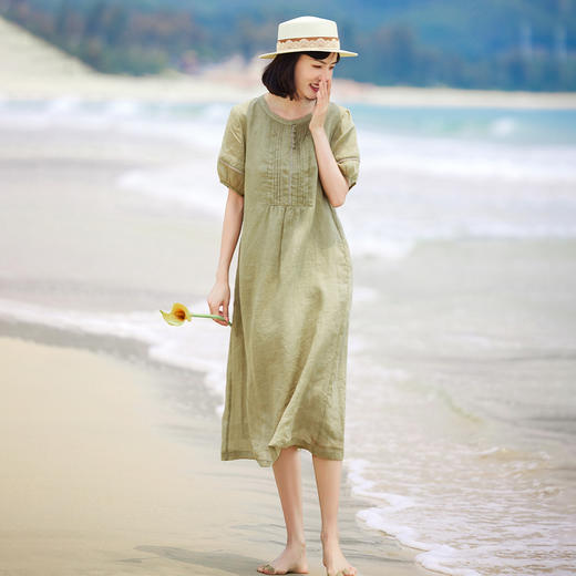 YMC032 2024夏季新款纯苎麻旅行文艺连衣裙花边灯笼短袖宽松怀旧复古袍子 商品图2