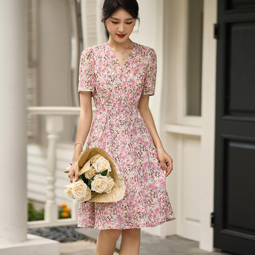 米思阳2025夏季新款优雅知性V领连衣裙收腰宽松碎花A字裙女1125 商品图2