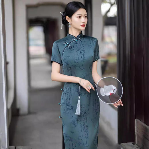 竹叶仿醋酸气质高端高级感复古新式老上海旗袍 商品图1