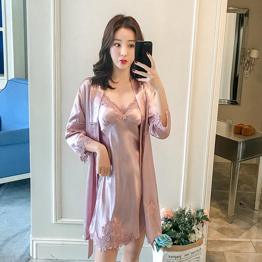 春夏新款吊带睡裙两件套，家居服丝绸开叉性感睡衣LJX-078 商品图1