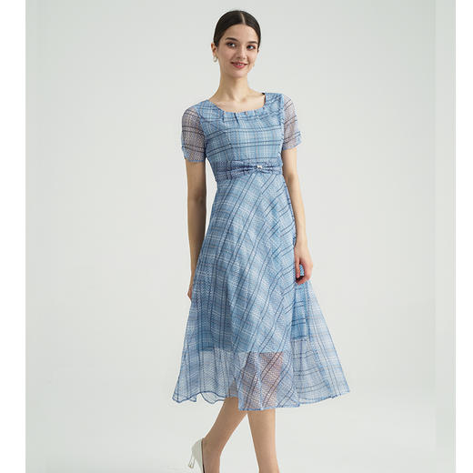 司歌网纱方格连衣裙短袖弹力显瘦A891349X 商品图4