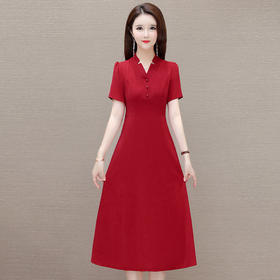 QYM-4345简约修身红色洋气连衣裙夏款V领短袖通勤时尚显瘦A字裙