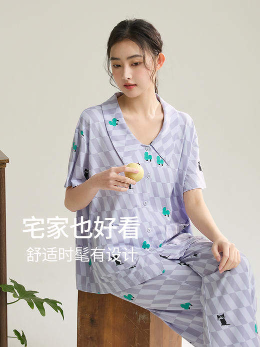 康妮雅女式短袖长裤开襟套装 商品图1