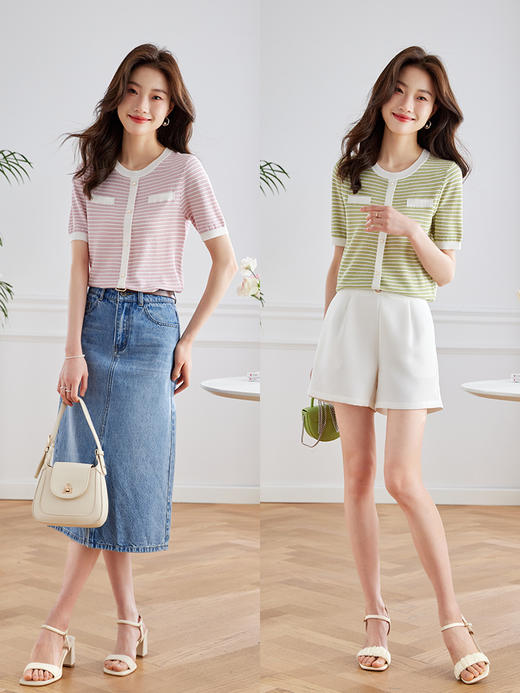 【专属特价】熙世界2025夏装新款小香风条纹针织衫薄款短袖宽松显瘦冰丝上衣 商品图4