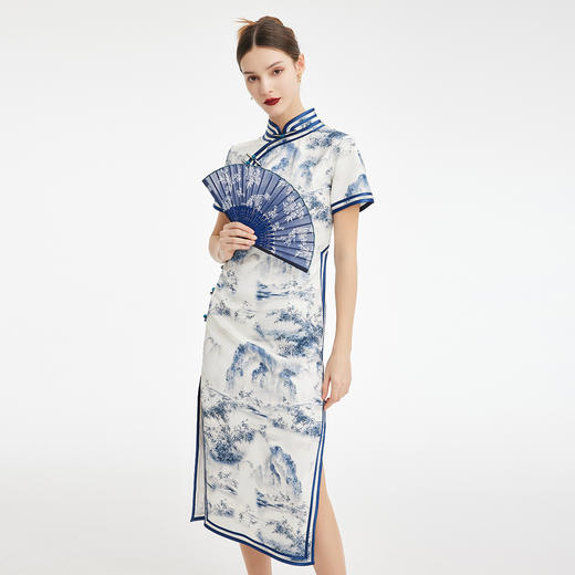 PF849斯尔丽2024新款新国风旗袍水墨写意画诗意立体裁剪显瘦连衣裙 商品图0