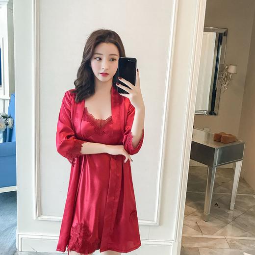 春夏新款吊带睡裙两件套，家居服丝绸开叉性感睡衣LJX-078 商品图0