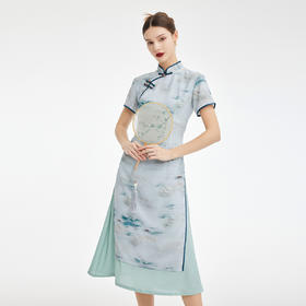 PF847斯尔丽2024新款新国风改良版奥黛旗袍式水墨画气质高雅连衣裙