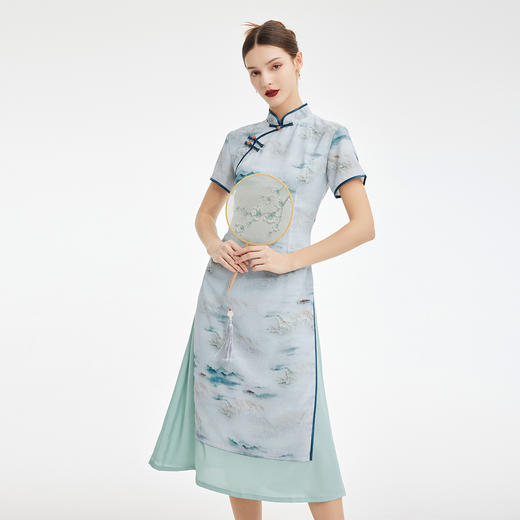 PF847斯尔丽2024新款新国风改良版奥黛旗袍式水墨画气质高雅连衣裙 商品图0