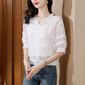 SMZ16836 2024夏季新款薄款休闲白色半袖短款雪纺衬衫别致上衣短袖防晒开衫