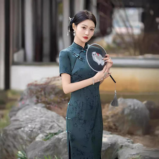 竹叶仿醋酸气质高端高级感复古新式老上海旗袍 商品图2