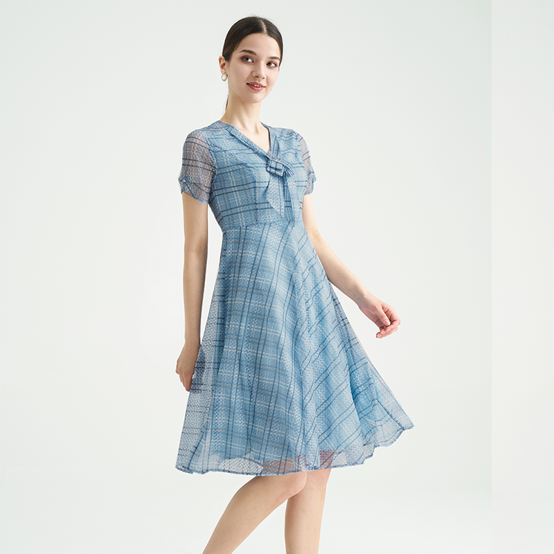 司歌v领格子短袖显瘦连衣裙弹力气质A891096X