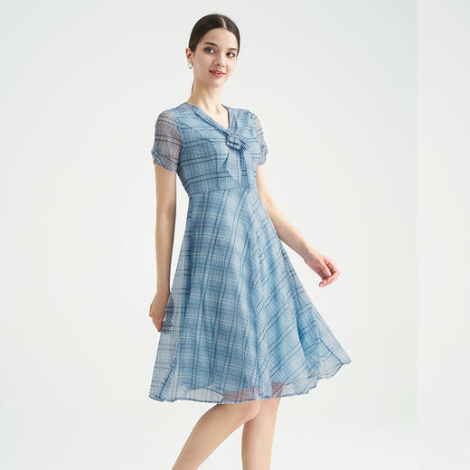 司歌v领格子短袖显瘦连衣裙弹力气质A891096X 商品图0