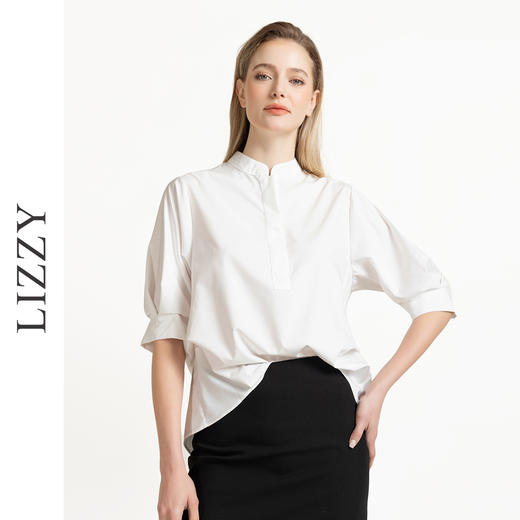 LIZZY简约通勤小立领前短后长式开叉显瘦衬衫气质休闲上衣8047 商品图2