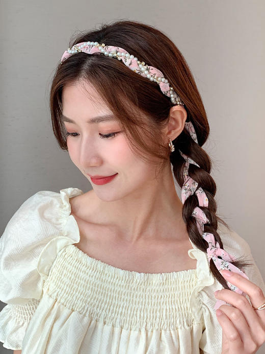 碎花飘带绑带女韩国复古法式水钻编发珍珠发箍头饰2023年新款发绳 商品图1