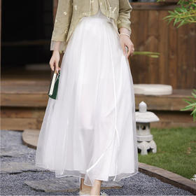 飘逸仙女欧根纱时尚提花，新中式白色高腰半身裙YFN6032