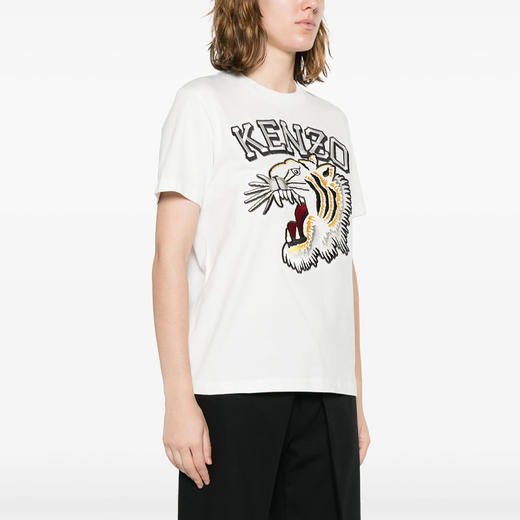 KENZO 高田贤三 女士老虎徽标刺绣棉质圆领短袖T恤 白色 FE52 TS116 4SG 02 商品图1