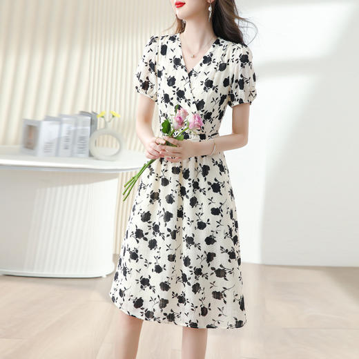 雀说 V领印花法式碎花连衣裙89858 商品图0