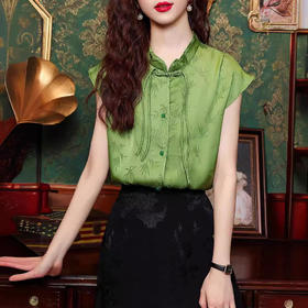 新中式绿色印花衬衫，盘扣别致小衫KQL-310H1546