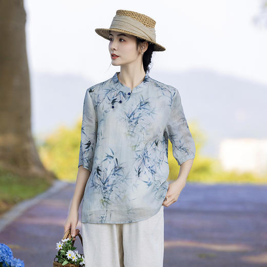 新中式斜襟盘扣衬衫，苎麻印花上衣TT96181 商品图1